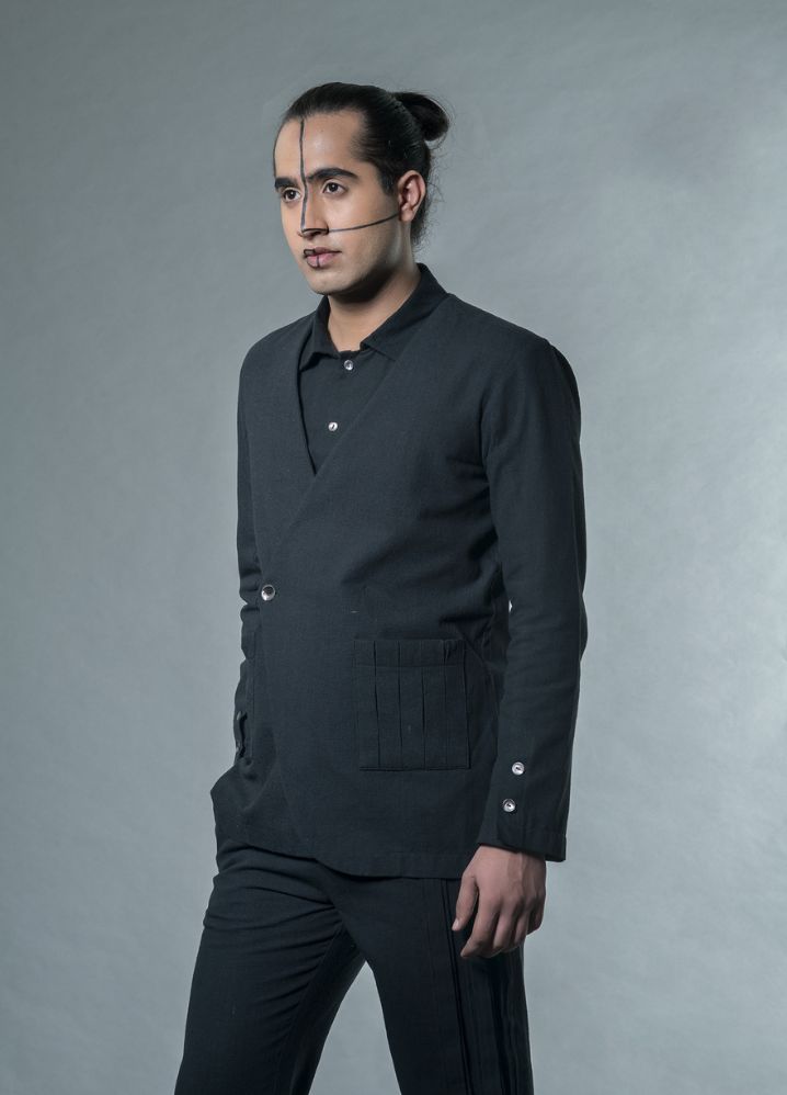 A model wearing  Black Jute Jacket With Box Pleat Pockets, curated by Only Ethikal