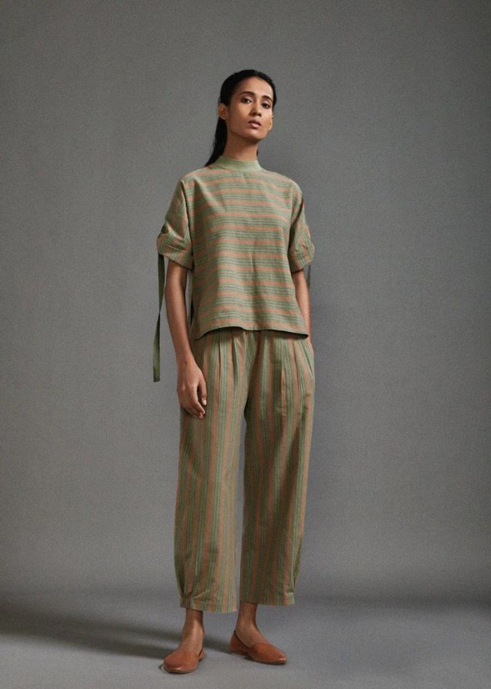 A Model Wearing Green striped Handwoven Cotton Safari Ekin Set , curated by Only Ethikal