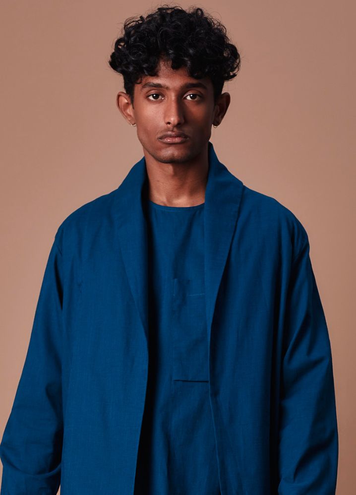 A Model Wearing  Blue Pure Cotton Teal Blue Shawl Collar Jacket, curated by Only Ethikal
