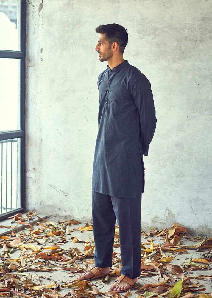 A Model Wearing Grey Pure Cotton Dark Night Kurta Set, curated by Only Ethikal
