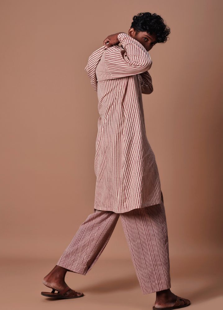 A Model Wearing  Striped Multicolor Pure Cotton Men's Mauve Hooded Striped Kurta, curated by Only Ethikal