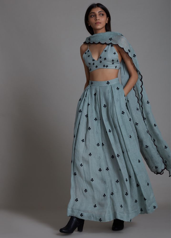 A Model Wearing Blue Linen Clubs Counter Lehenga Set- Greyish Blue, curated by Only Ethikal