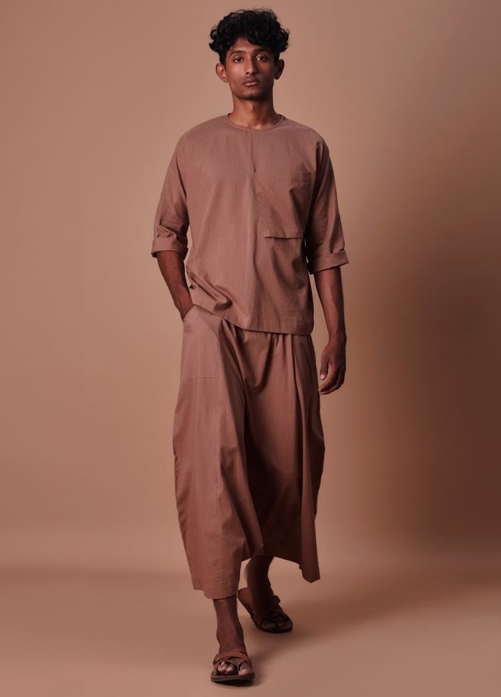 A Model Wearing  Brown Pure Cotton Brown Cross Pocket Top & Harem Pants Set, curated by Only Ethikal