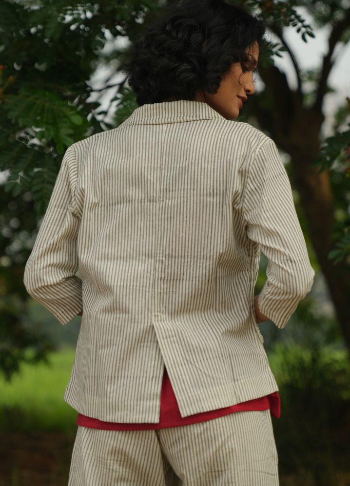 A Model Wearing Block Printed Beige Pure Cotton Desire Flex Stripes Jacket, curated by Only Ethikal
