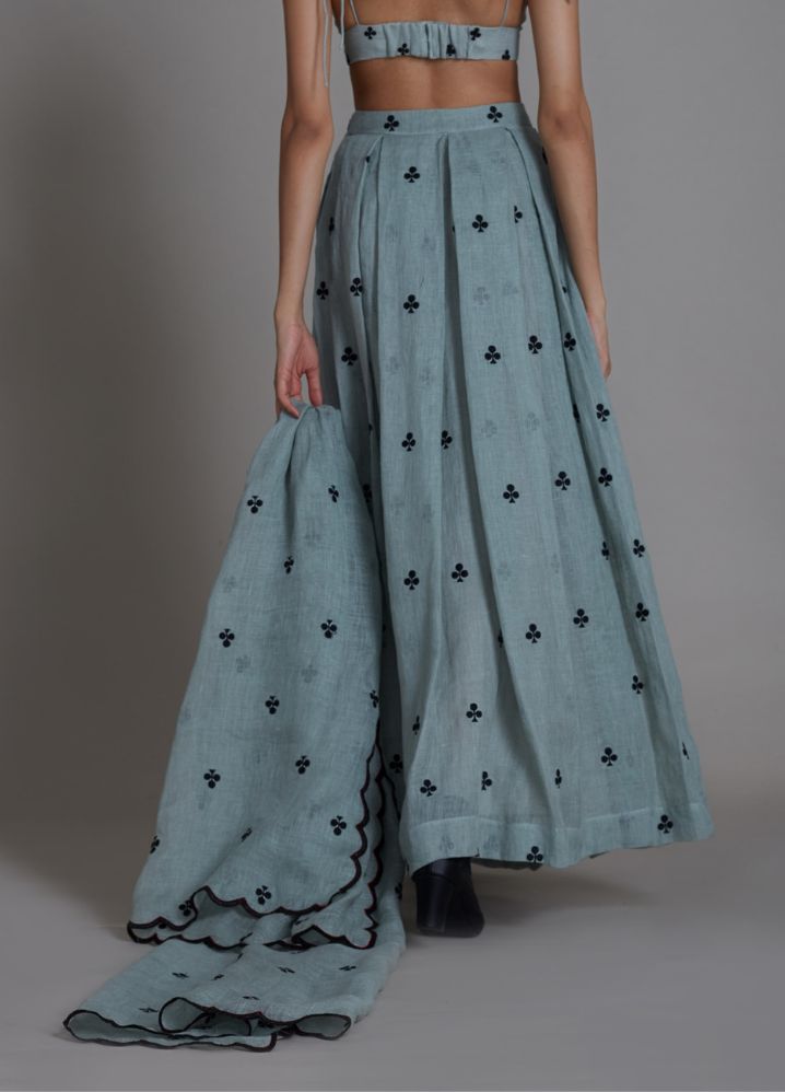 A Model Wearing Blue Linen Clubs Counter Lehenga Set- Greyish Blue, curated by Only Ethikal
