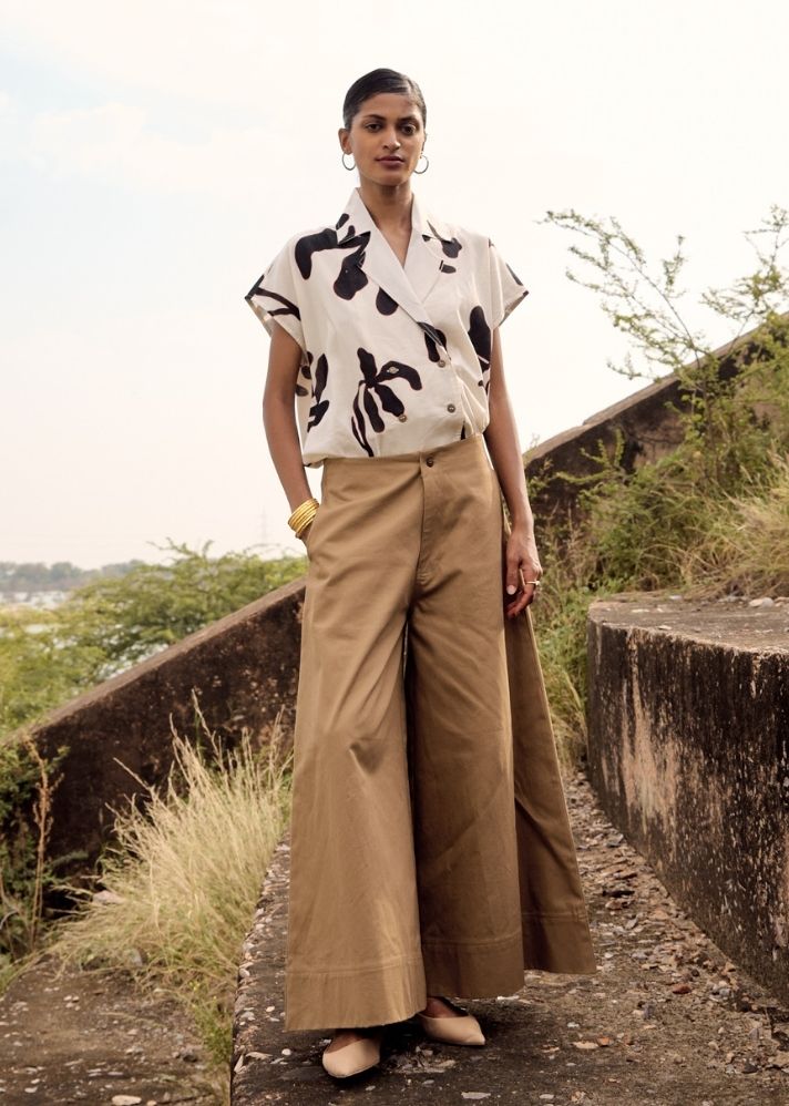 A Model Wearing Brown Pure Cotton Serina Trouser, curated by Only Ethikal