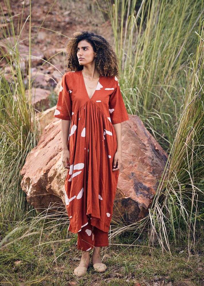 A Model Wearing Red Pure Cotton Harvest Moon Co-ord Set, curated by Only Ethikal