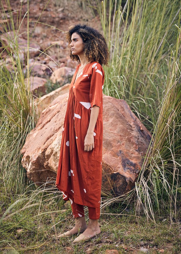 A Model Wearing Red Pure Cotton Harvest Moon Co-ord Set, curated by Only Ethikal