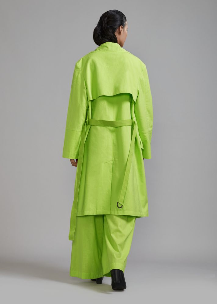 A Model Wearing Green  Handwoven cotton Neon Green Trench Jacket, curated by Only Ethikal