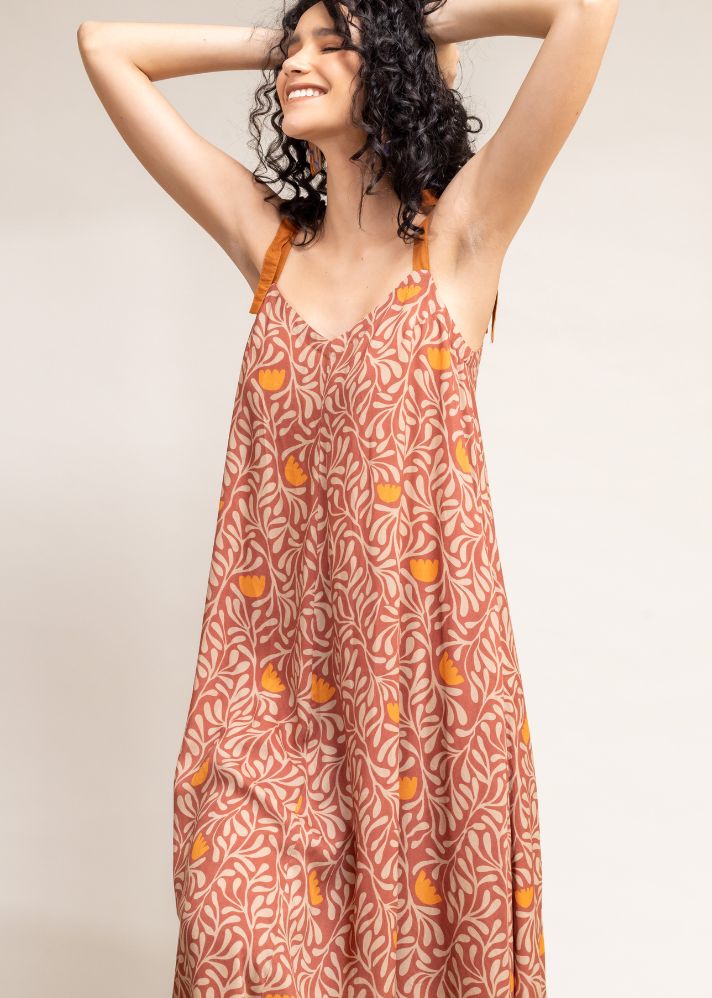 A Model Wearing Brown Upcycled Cotton  Yui Dress, curated by Only Ethikal