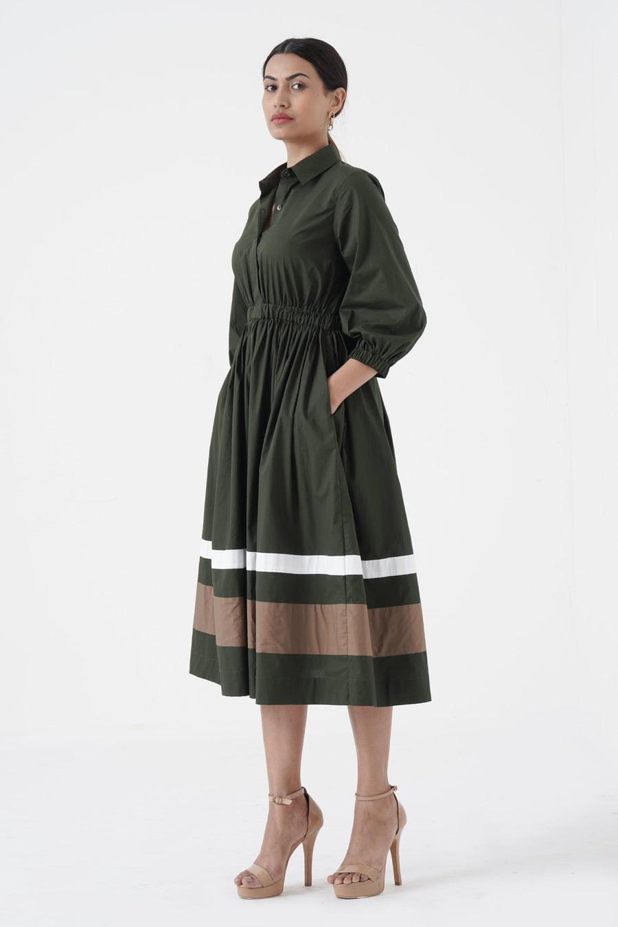 A Model Wearing Green Pure Cotton Kosher- Shirt collar waist elastic, two contrast stripe- Green, curated by Only Ethikal