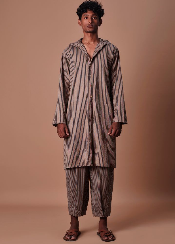 A Model Wearing  Striped Brown Pure Cotton Brown Striped Men's Trousers, curated by Only Ethikal