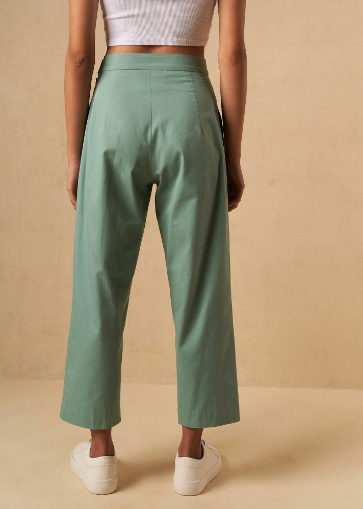 A Model Wearing Green Organic Cotton The Ocean Tide organic cotton trousers, curated by Only Ethikal
