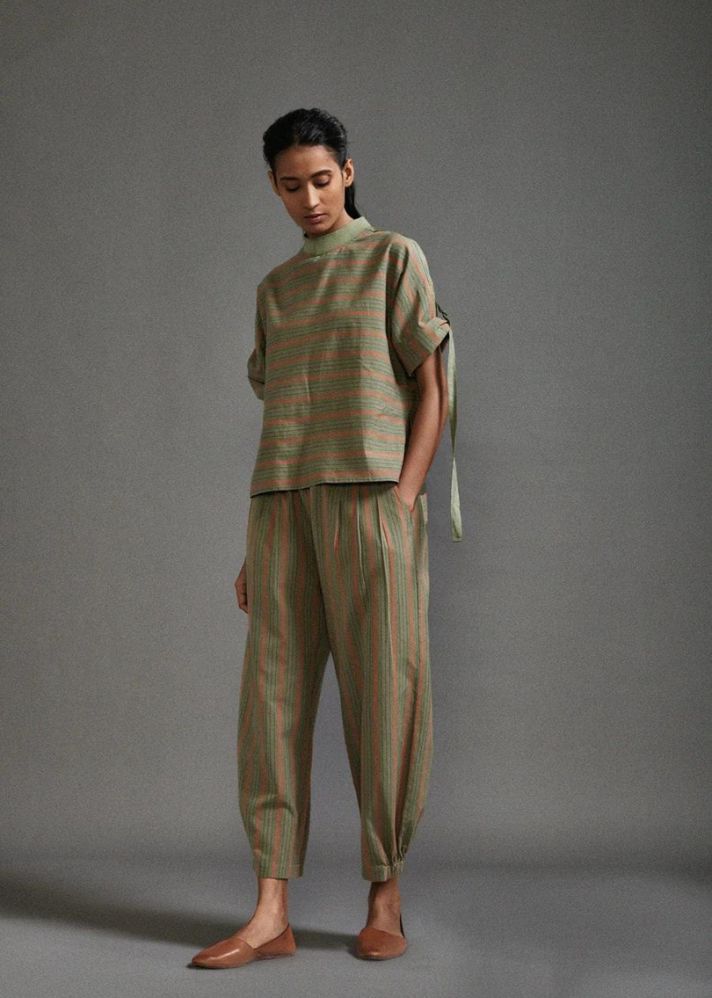 A Model Wearing Green striped Handwoven Cotton Safari Ekin Set , curated by Only Ethikal
