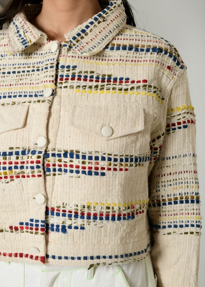 A Model Wearing Multicolor Handwoven Cotton Recycle Aito Jacket, curated by Only Ethikal