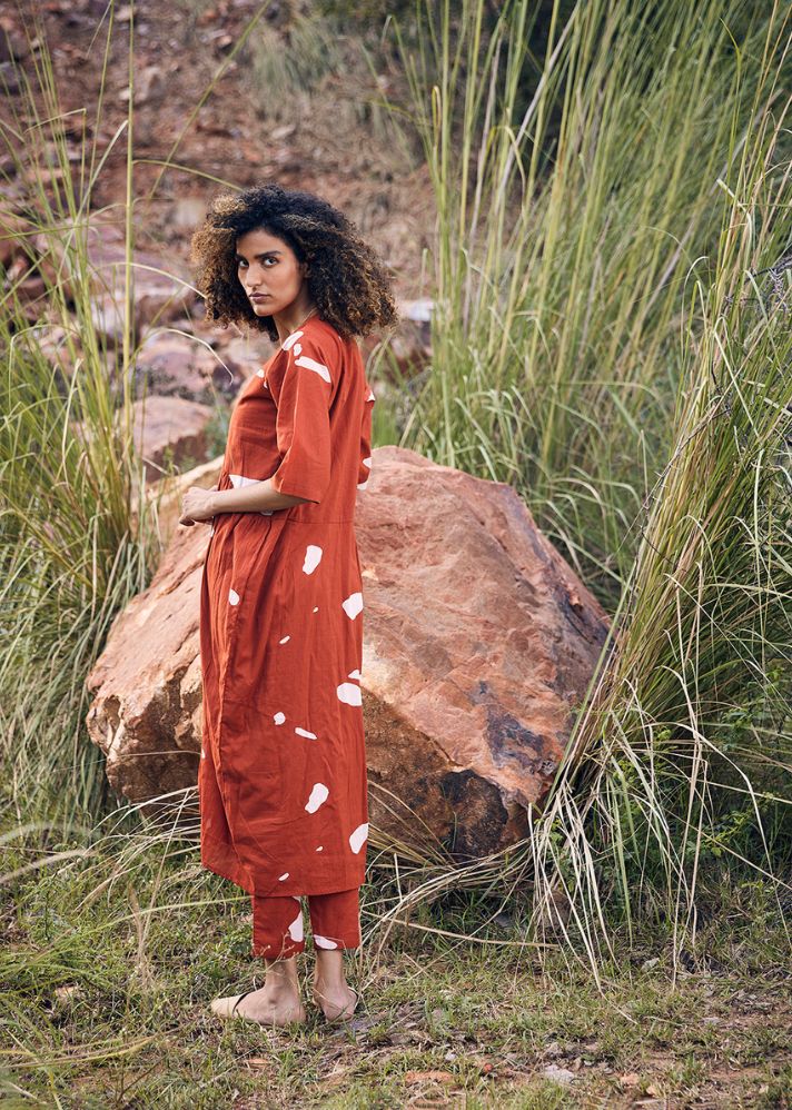 A Model Wearing Red Pure Cotton Harvest Moon Co-ord Set, curated by Only Ethikal