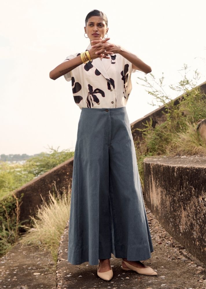A Model Wearing Blue Pure Cotton Blue Tail Trouser, curated by Only Ethikal