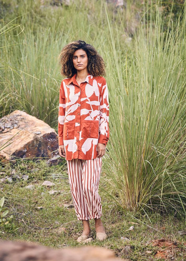 A Model Wearing Red Pure Cotton Hello, Sunset Co-ord Set, curated by Only Ethikal