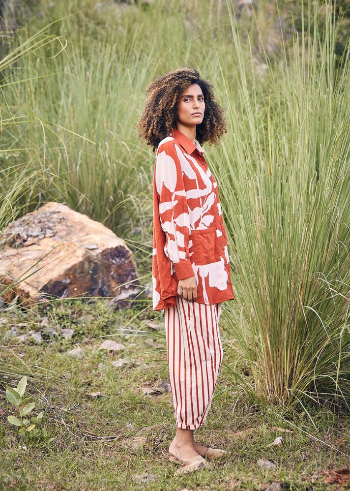 A Model Wearing Red Pure Cotton Hello, Sunset Co-ord Set, curated by Only Ethikal