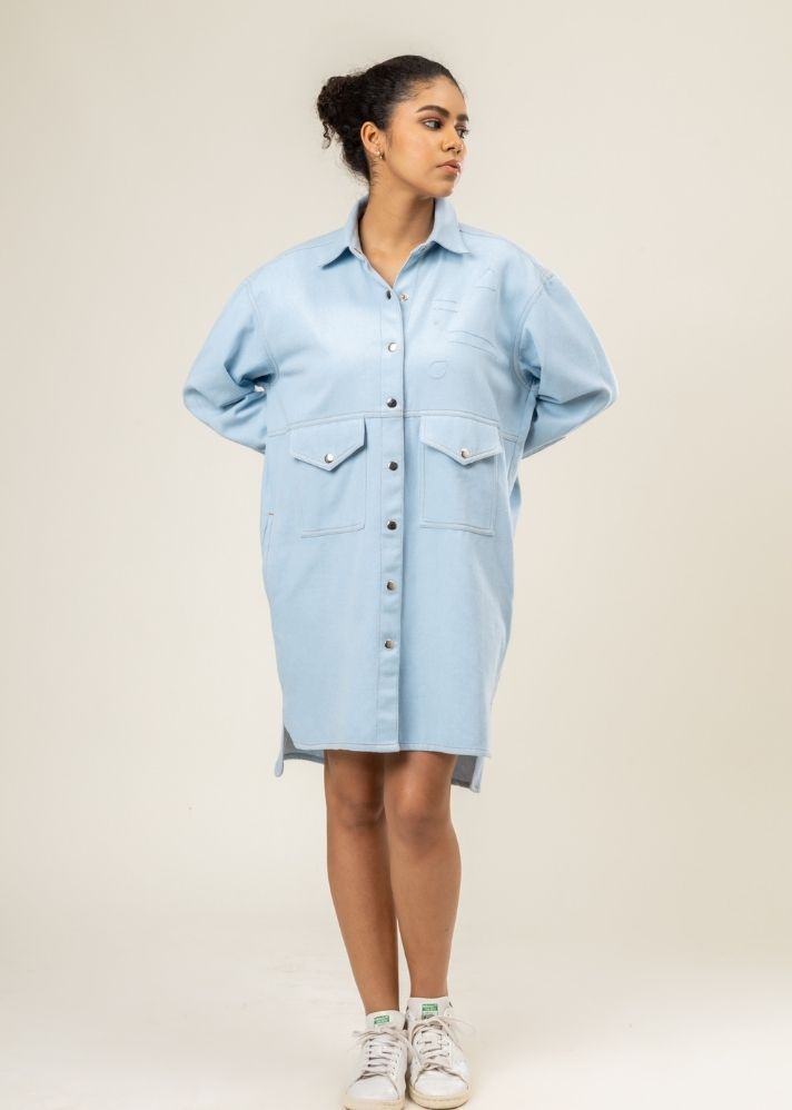 A Model Wearing Blue Upcycled Denim Greta Shirt Dress, curated by Only Ethikal