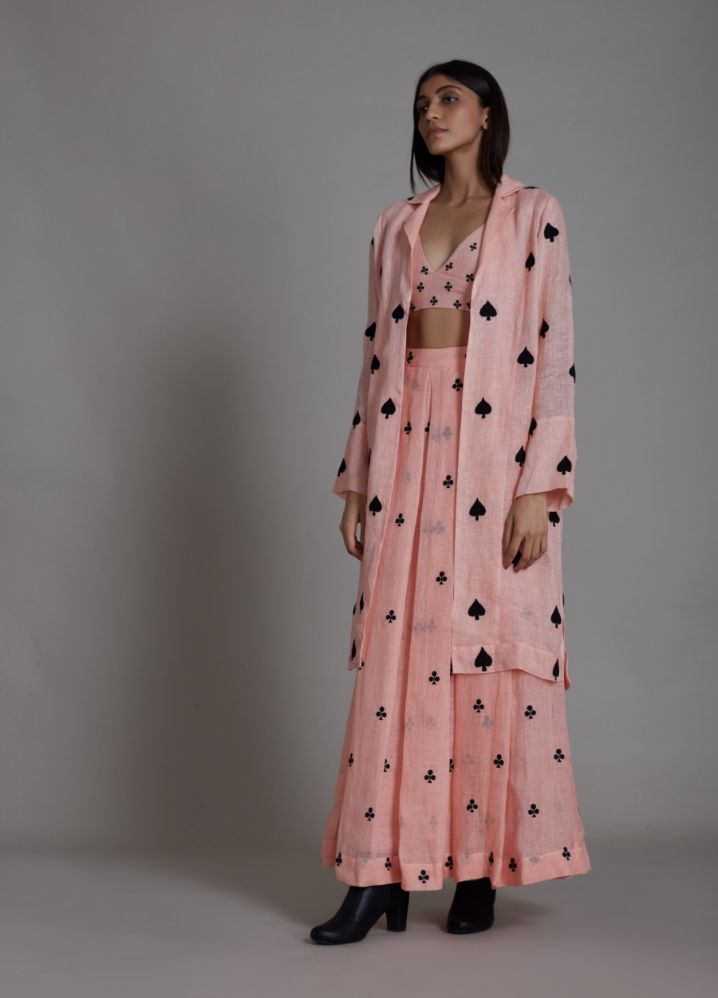 A Model Wearing Peach Linen Club Cover Lehenga Set- Pink, curated by Only Ethikal