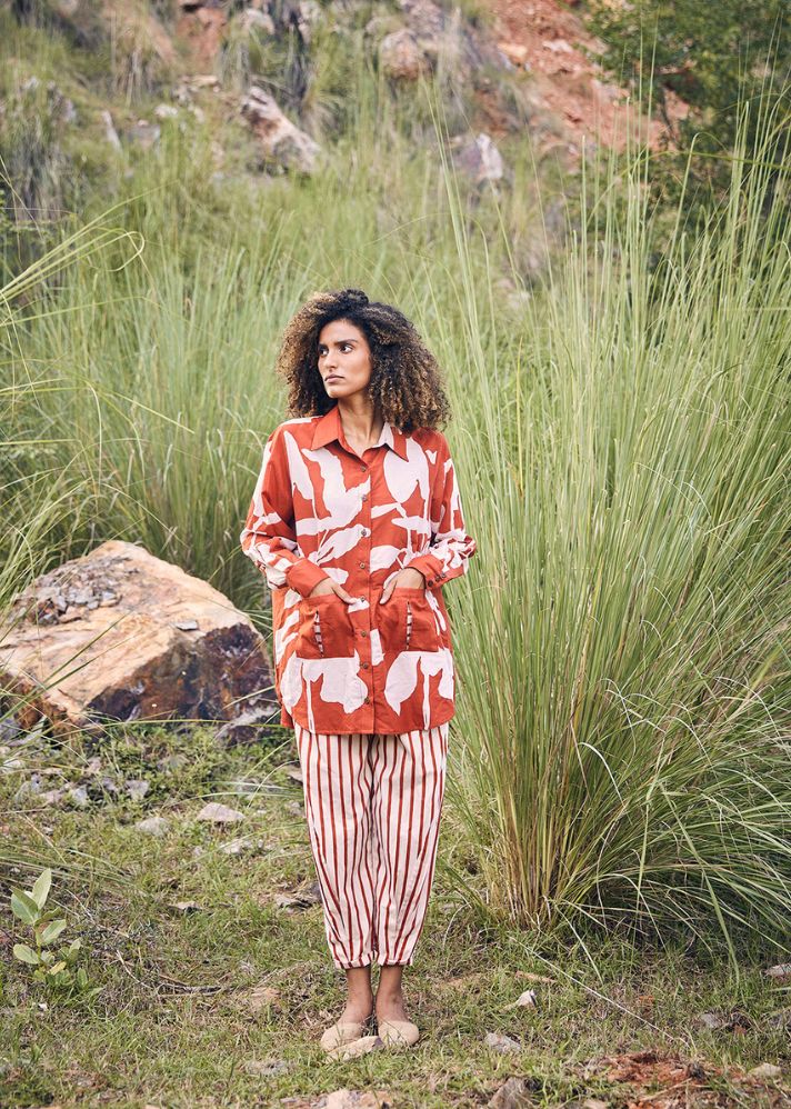 A Model Wearing Red Pure Cotton Hello, Sunset Co-ord Set, curated by Only Ethikal