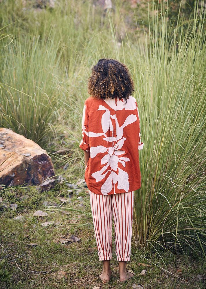 A Model Wearing Red Pure Cotton Hello, Sunset Co-ord Set, curated by Only Ethikal