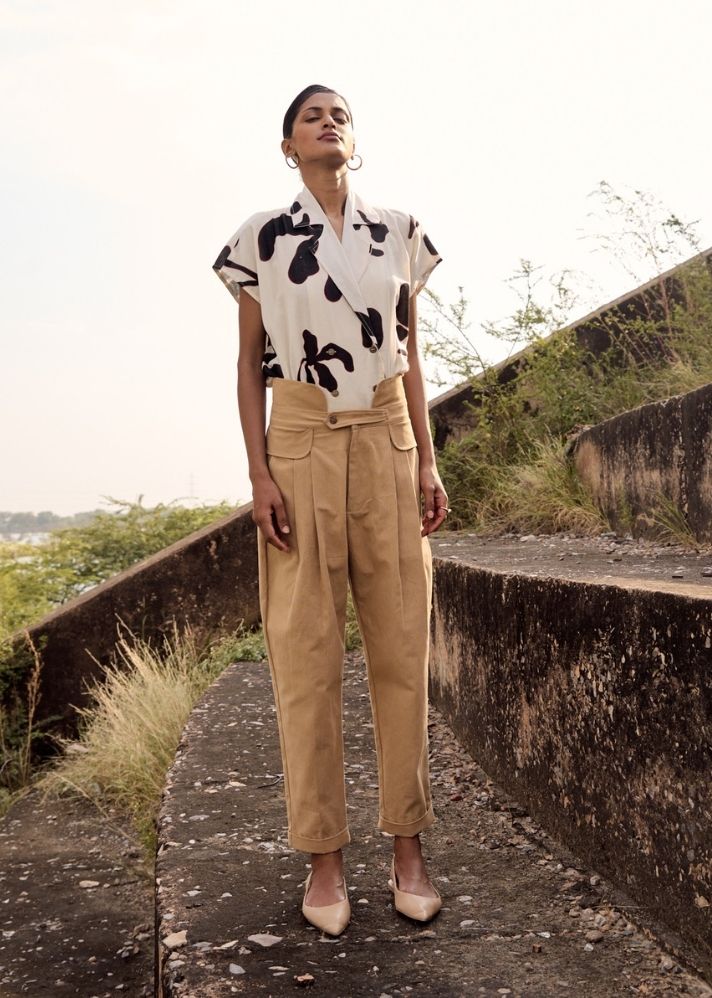 A Model Wearing Beige Pure Cotton Remi Trouser, curated by Only Ethikal