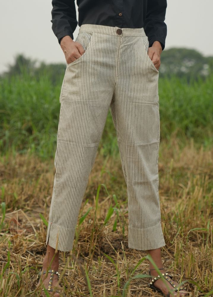 A Model Wearing Striped Beige Pure Cotton Traveller'S Pant Flex Stripes Bottom, curated by Only Ethikal
