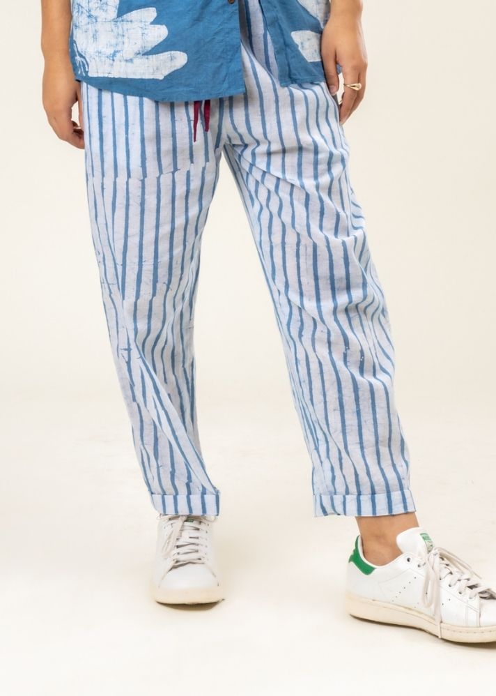 A Model Wearing Multicolor Upcycled Cotton Martha Striped Pants, curated by Only Ethikal