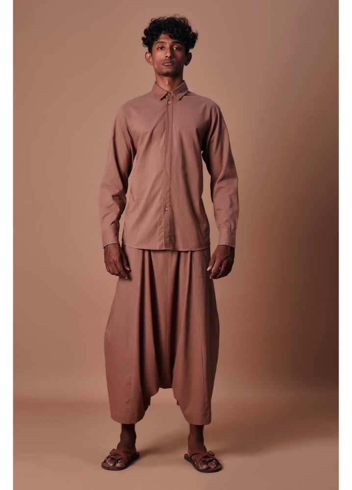A Model Wearing  Brown Pure Cotton Brown Double Buttoned Shirt And Harem Pant Set, curated by Only Ethikal