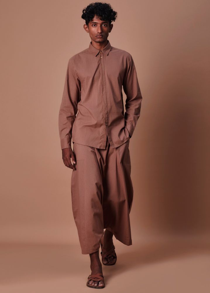 A Model Wearing  Brown Pure Cotton Brown Double Buttoned Shirt And Harem Pant Set, curated by Only Ethikal