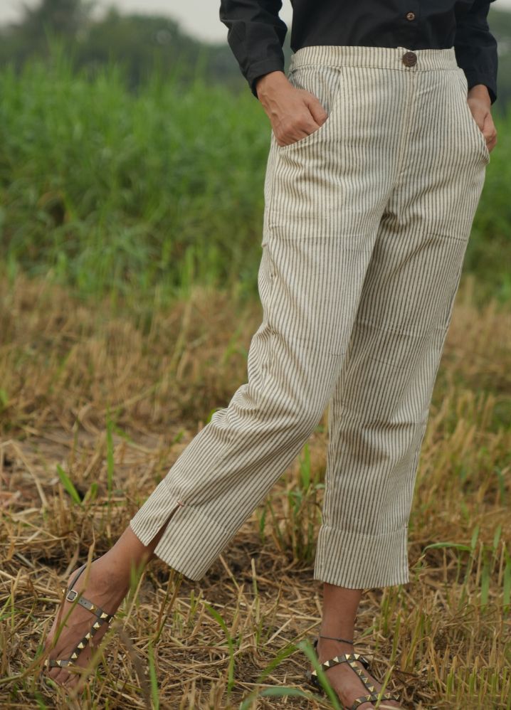 A Model Wearing Striped Beige Pure Cotton Traveller'S Pant Flex Stripes Bottom, curated by Only Ethikal