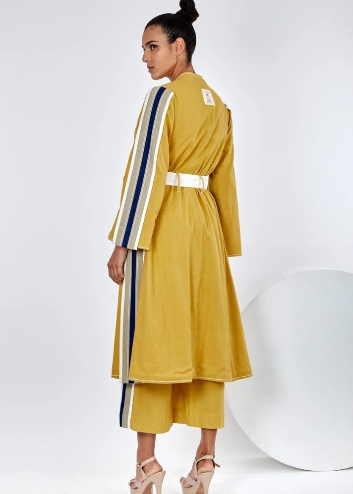 A Model Wearing Yellow Pure Cotton Amaya Ochre/ Mustard Long Jacket, curated by Only Ethikal