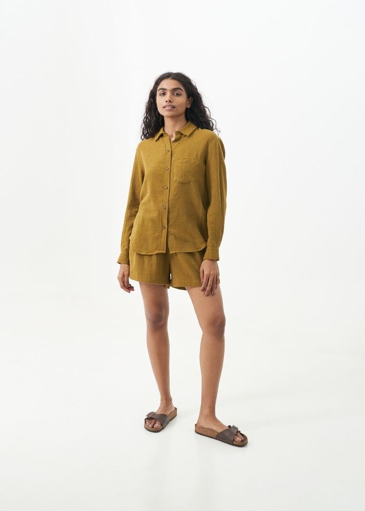 A Model Wearing Green Handwoven Cotton Classic sleep set, curated by Only Ethikal