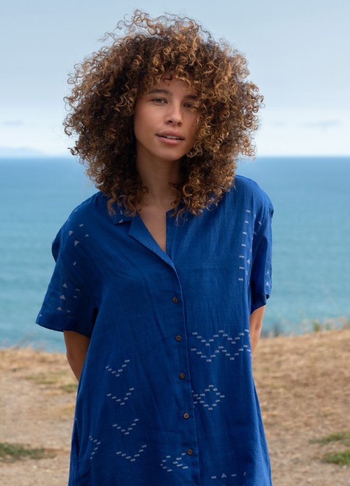 A Model Wearing Blue Handwoven Cotton Cobalt blue relaxed fit shirt dress, curated by Only Ethikal
