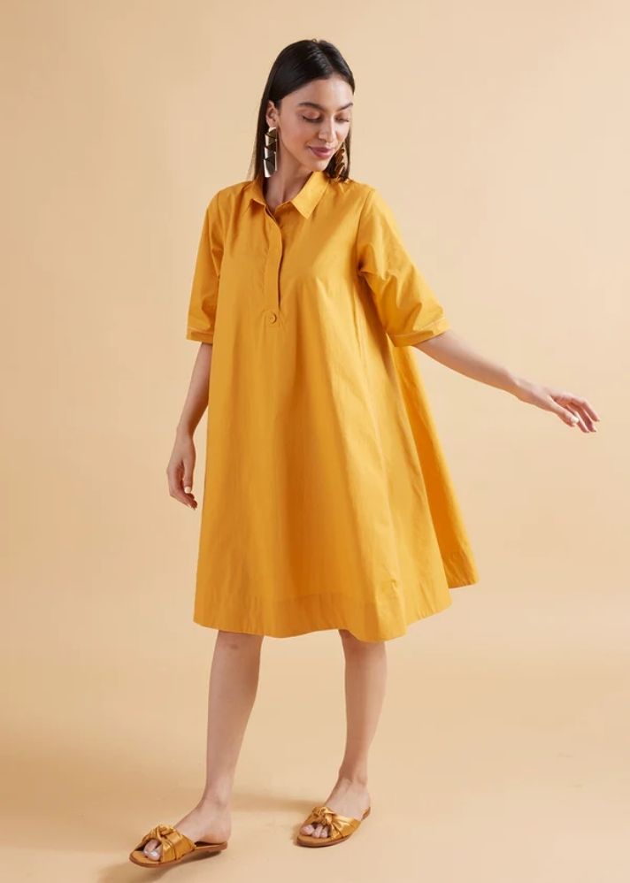 A Model Wearing Yellow Pure Cotton Maisie Amber Solid Dress, curated by Only Ethikal