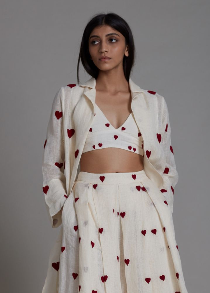 A Model Wearing White Linen Heart Cover Lehenga Set- Oatmeal, curated by Only Ethikal