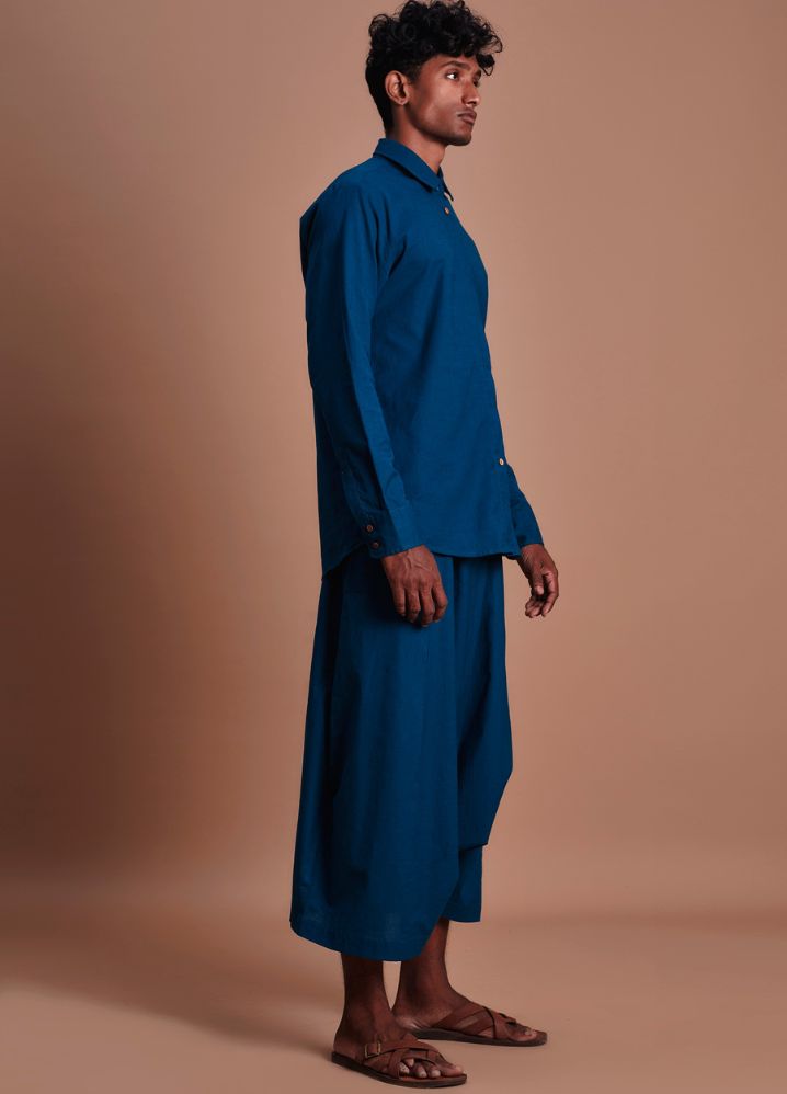 A Model Wearing  Blue Pure Cotton Teal Blue Double Buttoned Shirt And Harem Pant Set, curated by Only Ethikal