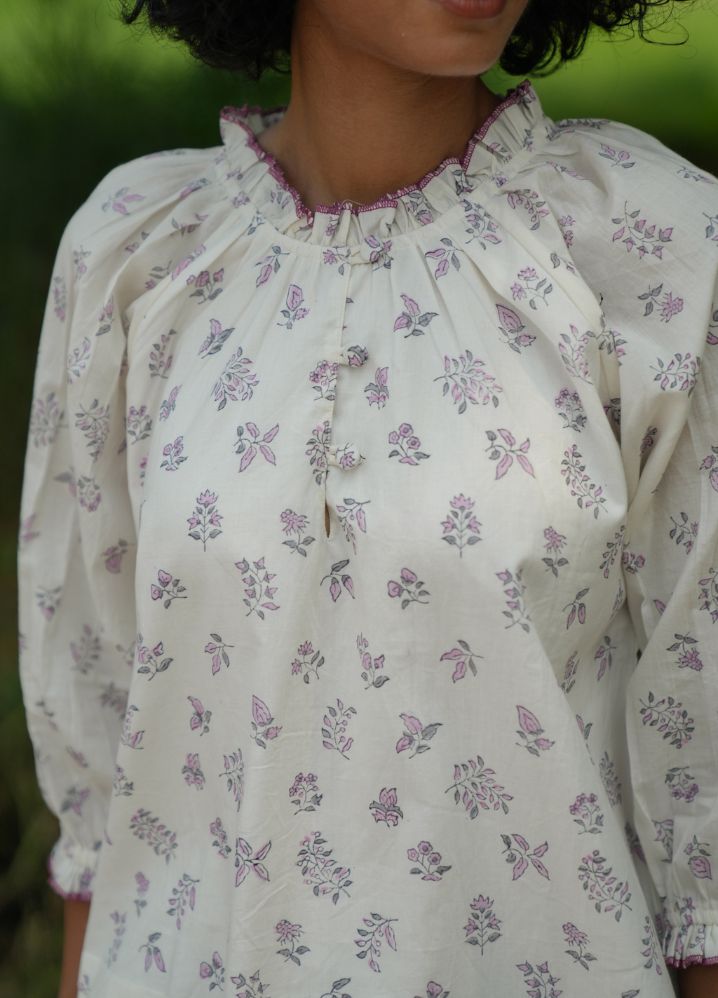 A Model Wearing Block Printed White Pure Cotton Tranquil Trot Purple Floral Top, curated by Only Ethikal