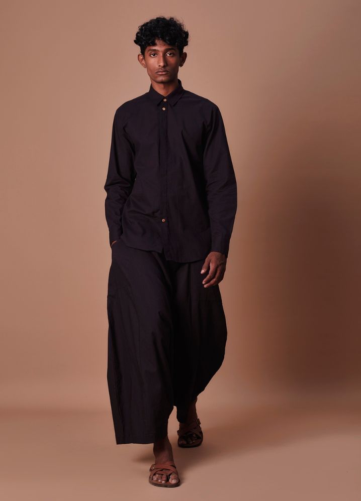 A Model Wearing  Black Pure Cotton Black Double Buttoned Shirt And Harem Pant Set, curated by Only Ethikal