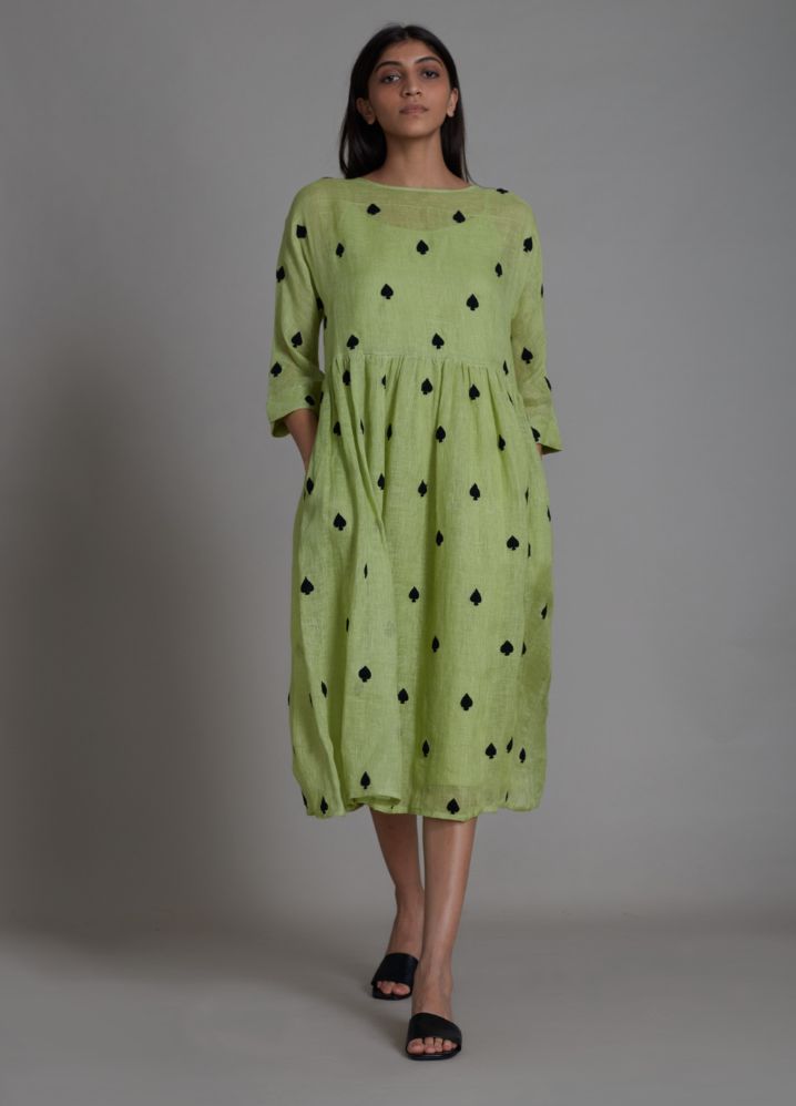 A Model Wearing Green Linen Teen Patti Dress- Green, curated by Only Ethikal