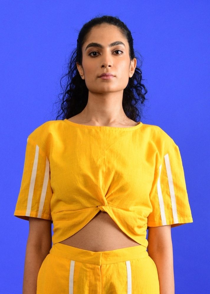 A Model Wearing Yellow Handwoven Cotton Iced Mango Knotted Dress , curated by Only Ethikal