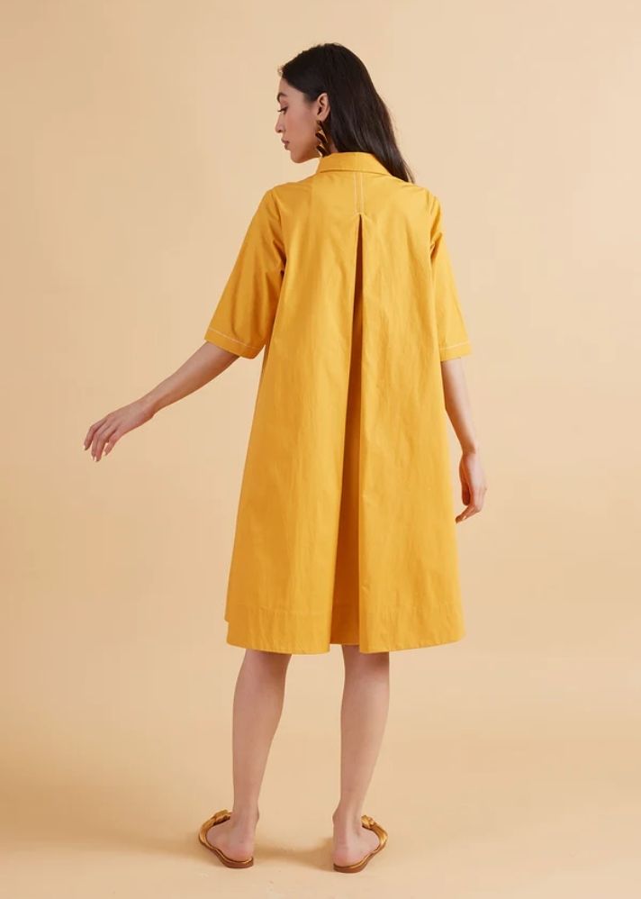 A Model Wearing Yellow Pure Cotton Maisie Amber Solid Dress, curated by Only Ethikal