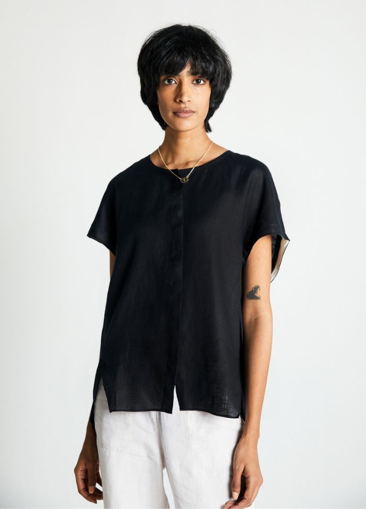 A Model Wearing  Black Hemp The Black Box Top, curated by Only Ethikal