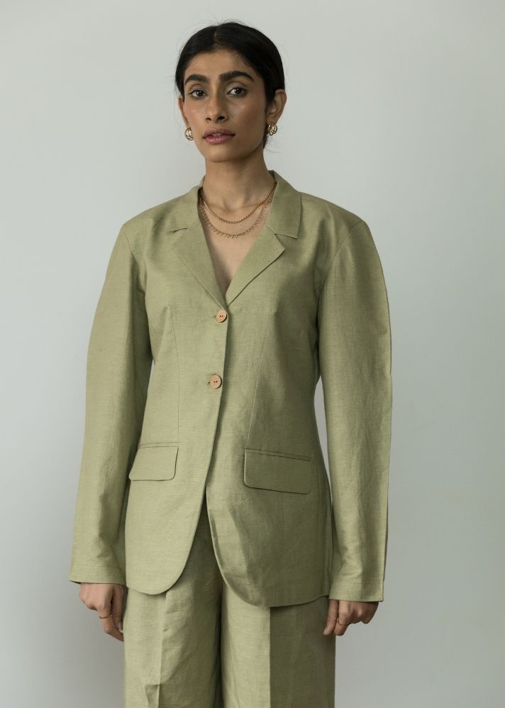 A Model Wearing Green Hemp The Waisted Blazer, curated by Only Ethikal