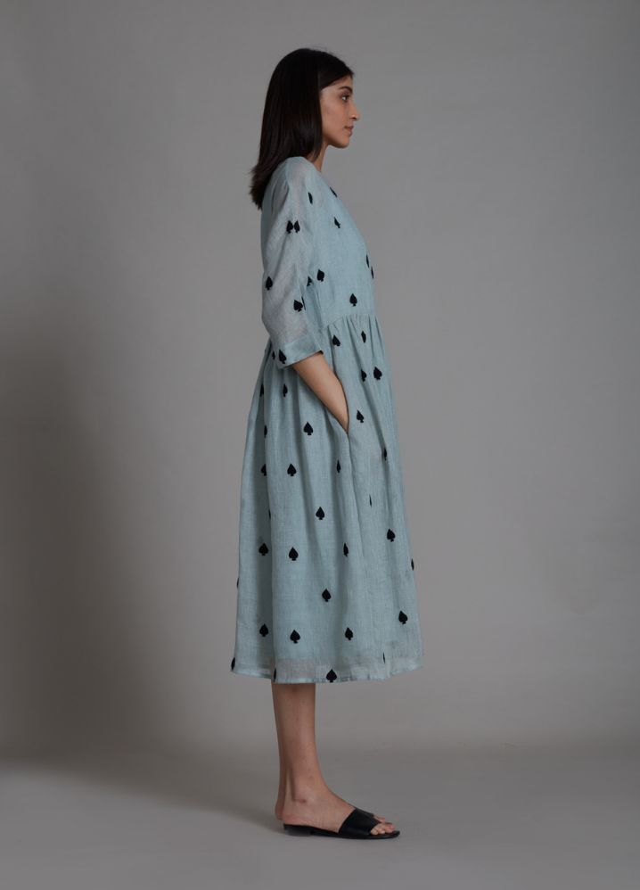 A Model Wearing Blue Linen Teen Patti Dress- Blue, curated by Only Ethikal