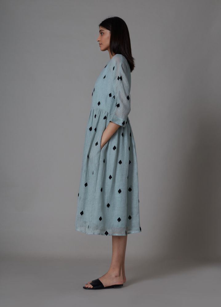 A Model Wearing Blue Linen Teen Patti Dress- Blue, curated by Only Ethikal