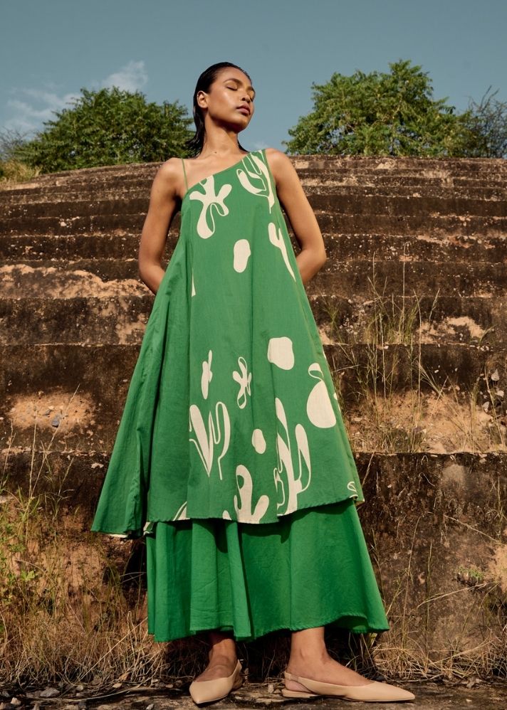 A Model Wearing Green Pure Cotton Crest Dress, curated by Only Ethikal