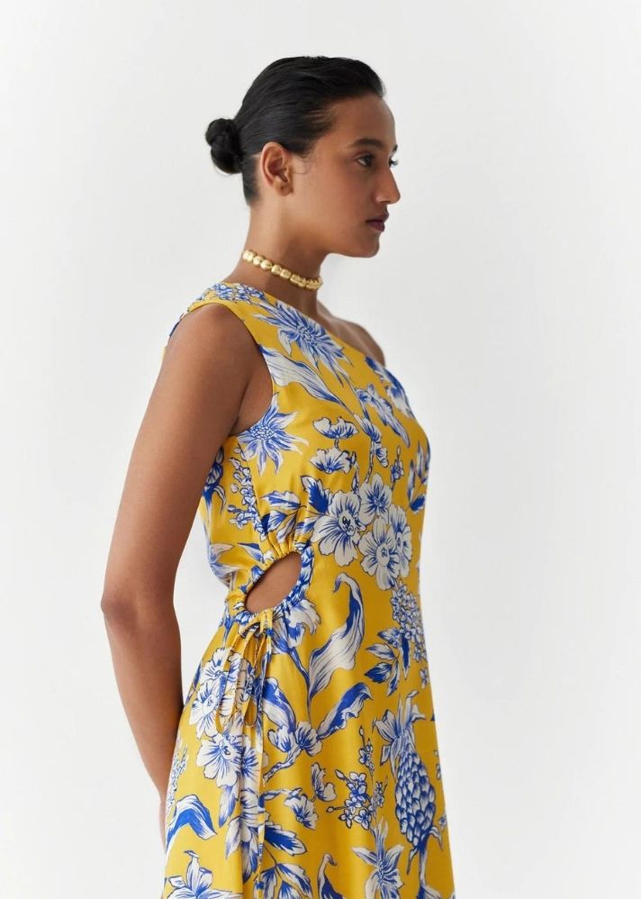 A Model Wearing Multicolor Organic Cupro Yellow Pineapple One Shoulder Dress , curated by Only Ethikal